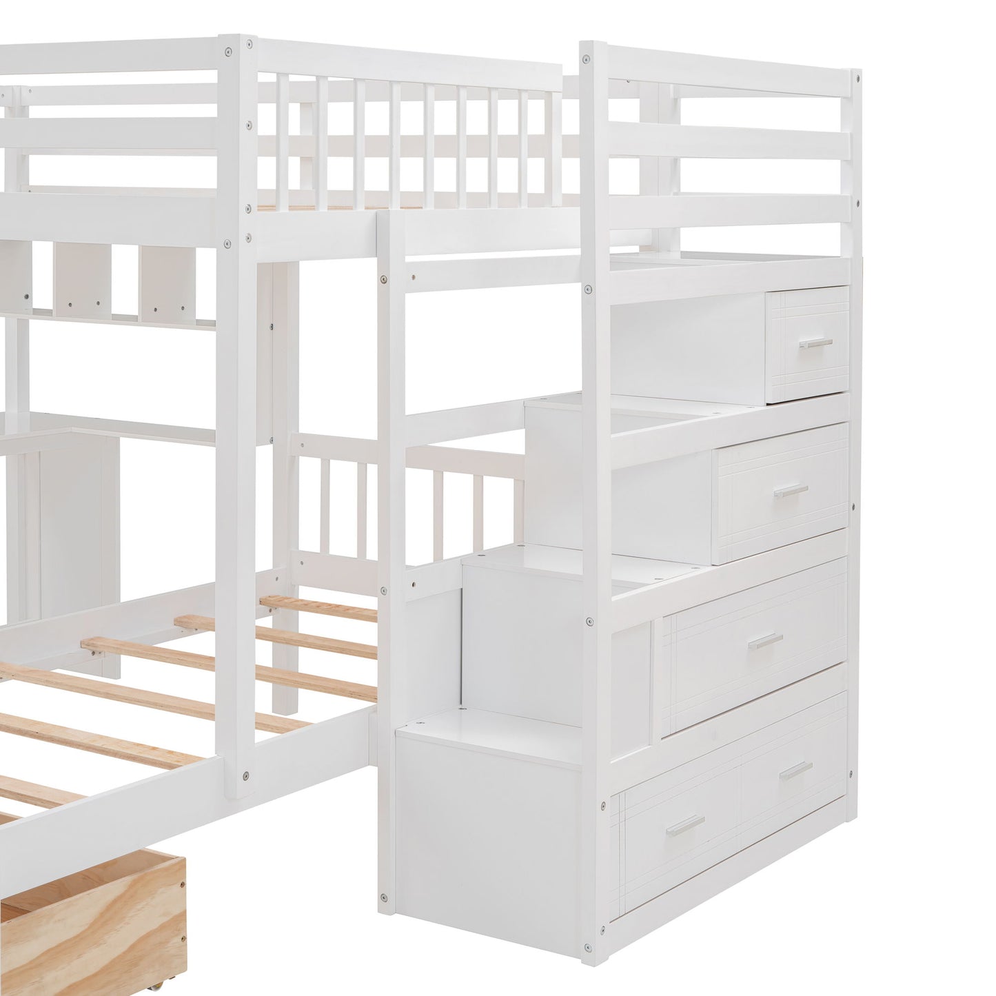 Full Over Twin Bunk Bed With Desk, Drawers And Shelves - White