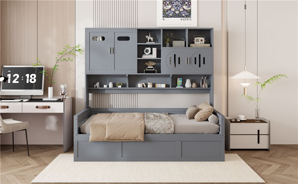 Twin Size Wooden Daybed With Hydraulic Bed And All In One Cabinet And Shelf - Gray