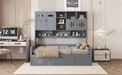 Twin Size Wooden Daybed With Hydraulic Bed And All In One Cabinet And Shelf - Gray