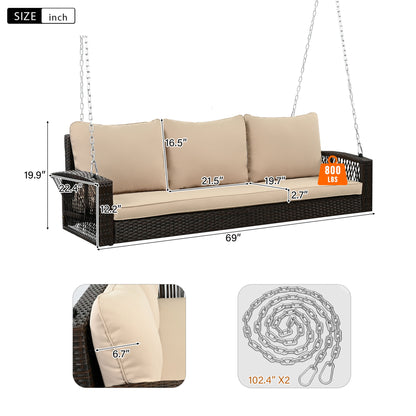 3 Person Porch Swing With Chains, Large Patio Swing Bench With Cushions For Backyard, Garden, And Poolside - Brown