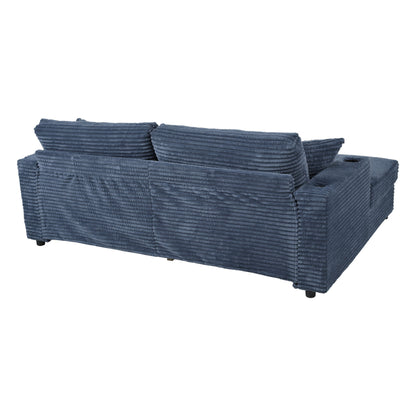 Oversized Loveseat Chaise Lounge Sectional Sofa Bed Corduroy Sleeper Sofa With 2 USB Ports, 2 Cup Holders And 2 Throw Pillows For Living Room And Bedroom - Blue