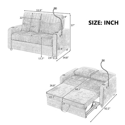 Modern Loveseat Pull Out Sofa Bed With Adjustable Backrest, Two Cup Holders, A Phone Holder, Three Charging Ports And Side Storage Pockets For Living Room - Beige