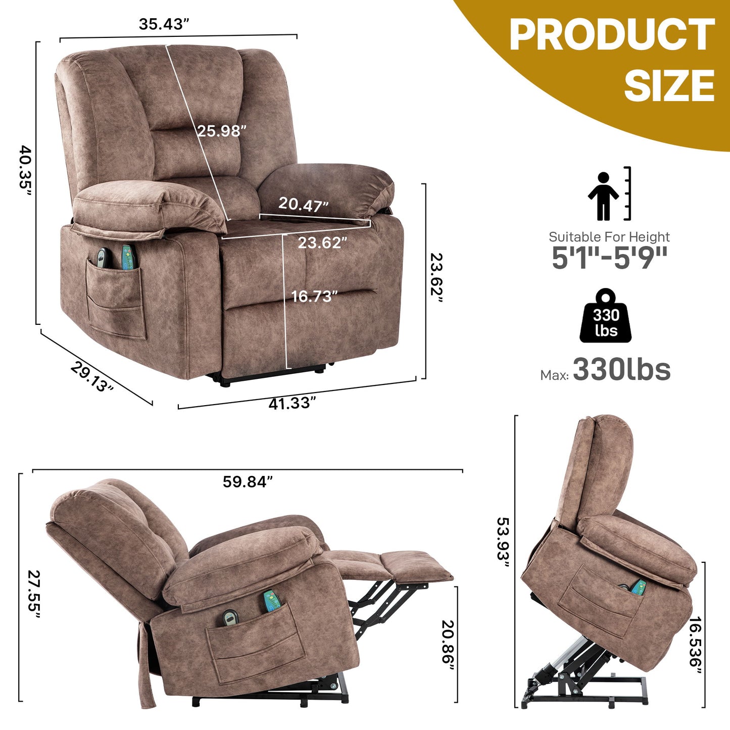 Power Lift Recliner Chair Sofa With Massage - Brown