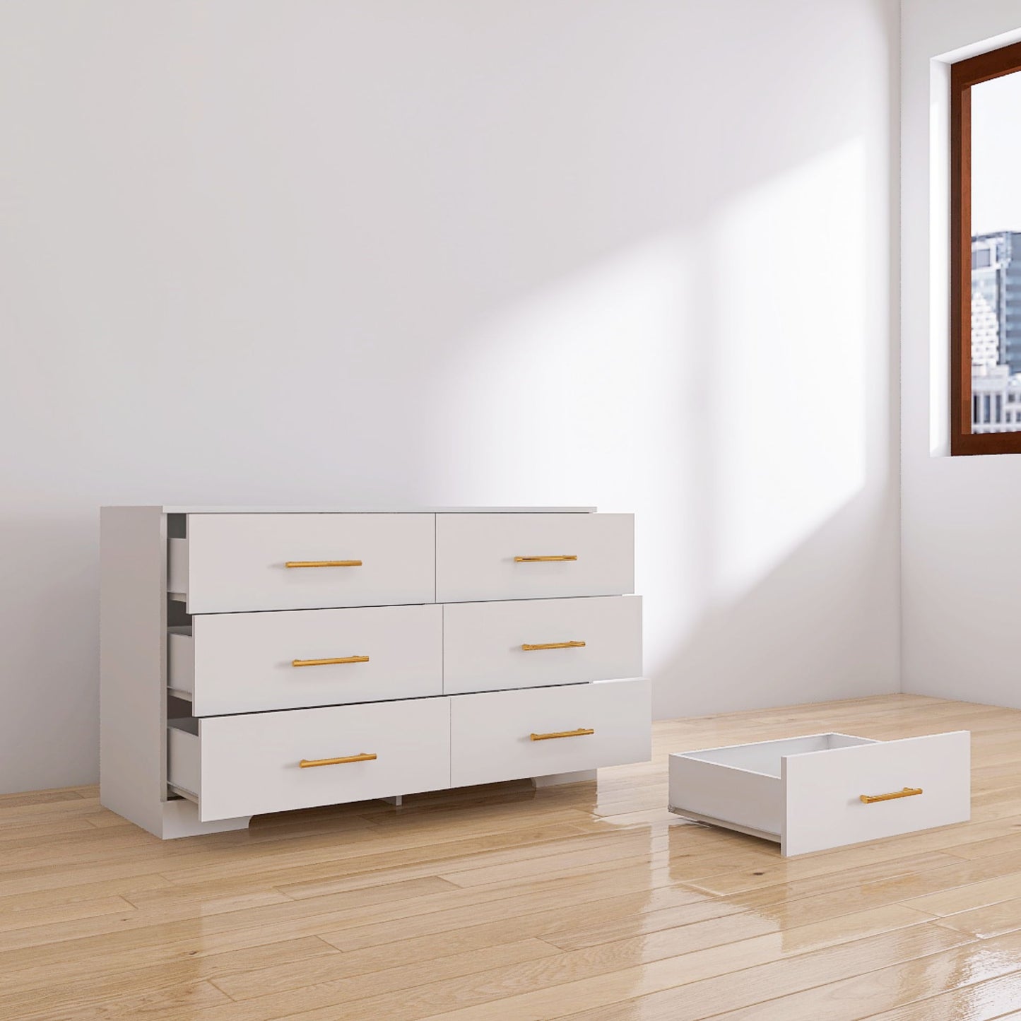 Large 6 Drawers Chest Of Drawer Dressers Table With Golden Handle - White
