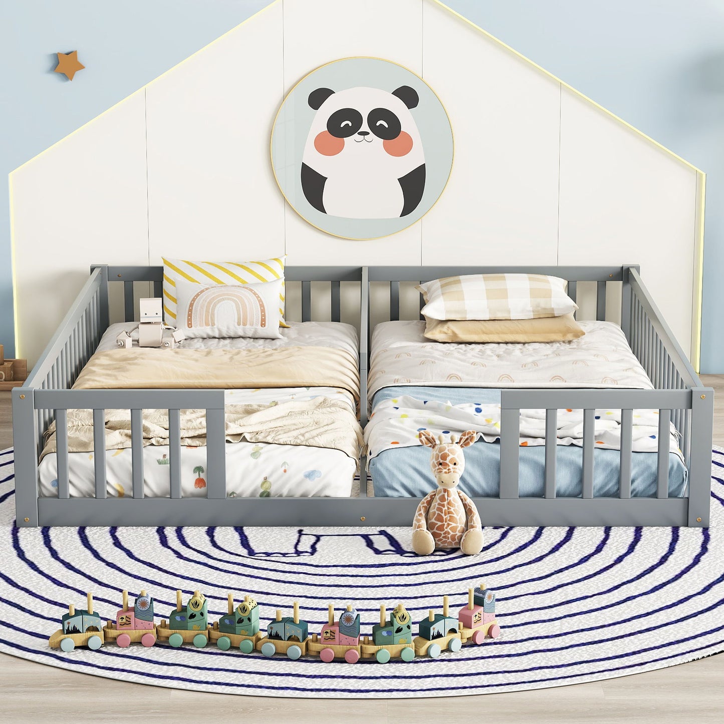 Double Twin Floor Bed With Fence, Guardrails, Without Door - Gray
