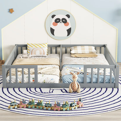 Double Twin Floor Bed With Fence, Guardrails, Without Door - Gray