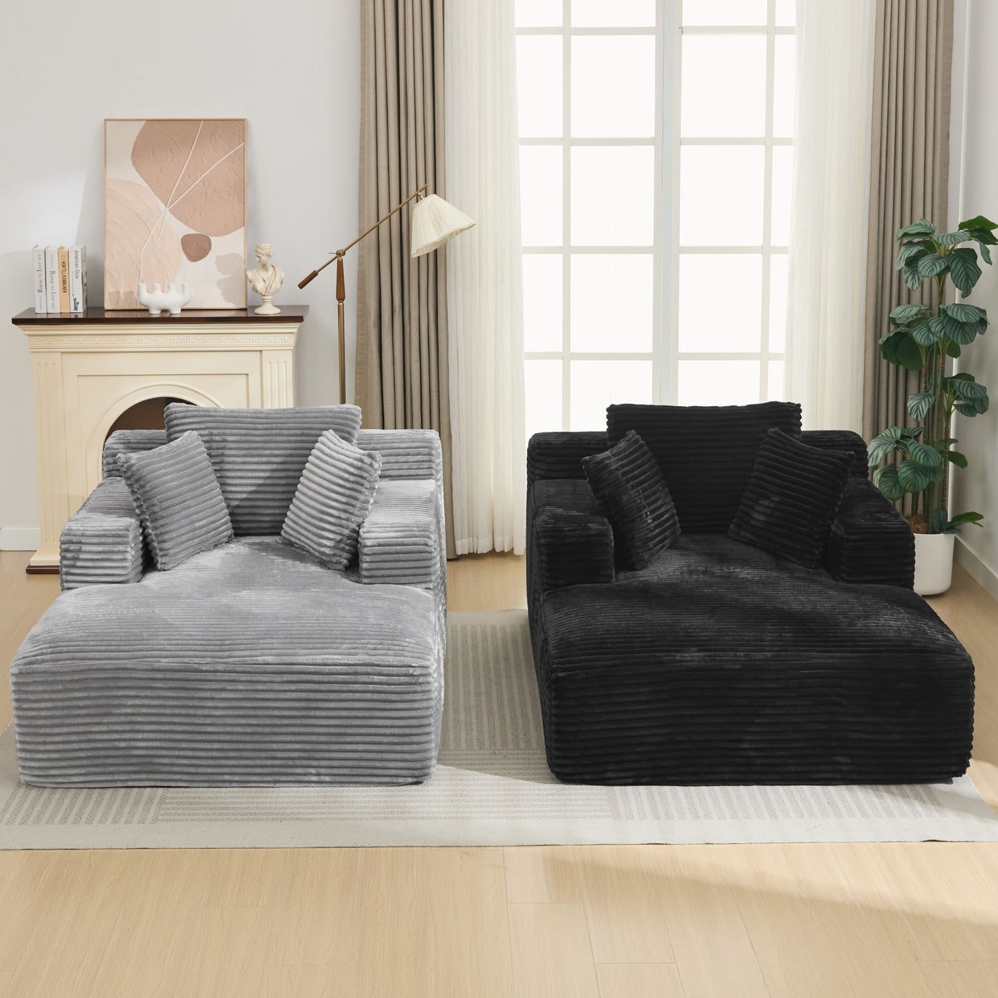 Modern Corduroy Chaise Lounge Sofa Bed With Removable Pillows, Upholstered Sleeper Sofa - Black