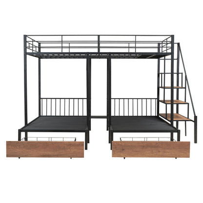 Full Over Twin-Twin Triple Bunk Bed With Drawers And Staircase - Black