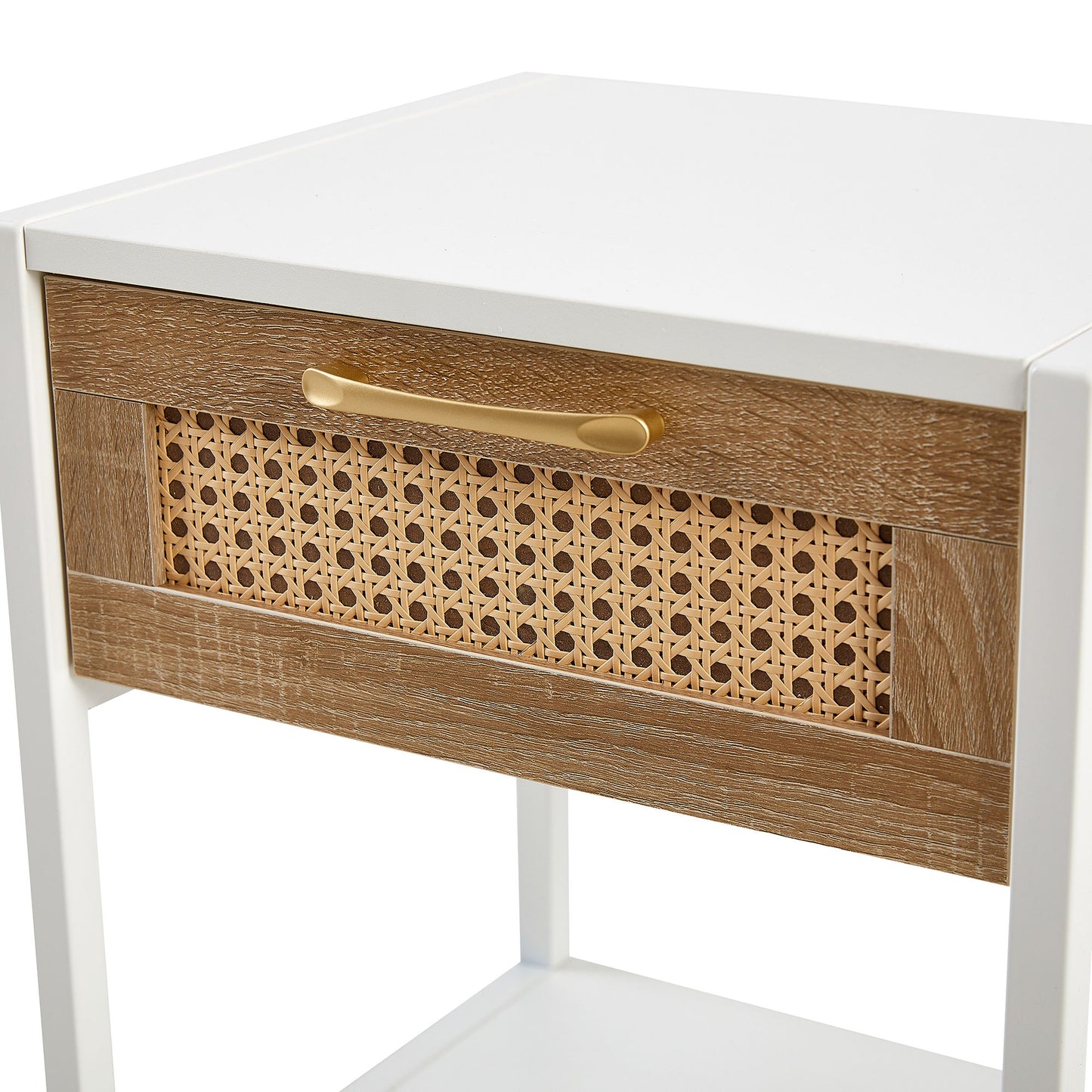 15.74" Rattan End Table With Drawer, Modern Nightstand, Metal Legs, Side Table For Living Room, Bedroom - White