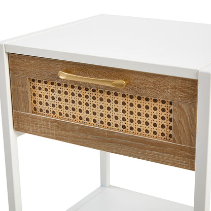 15.74" Rattan End Table With Drawer, Modern Nightstand, Metal Legs, Side Table For Living Room, Bedroom - White
