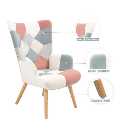 Accent Chair With Ottoman, Living Room Chair And Ottoman Set, Comfy Side Armchair For Bedroom, Creative Splicing Cloth Surface - Pink