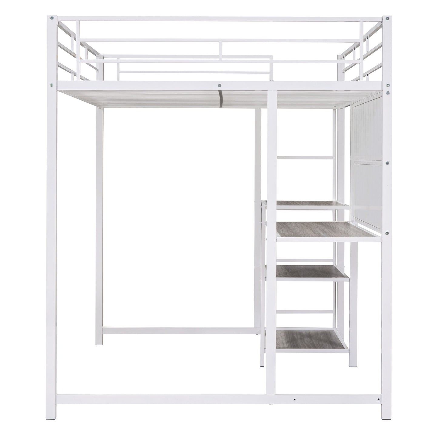 Full Size Loft Bed With Desk And Whiteboard, Loft Bed With 3 Shelves And Ladder - White