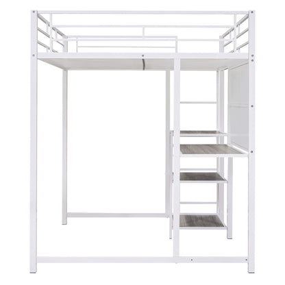 Full Size Loft Bed With Desk And Whiteboard, Loft Bed With 3 Shelves And Ladder - White