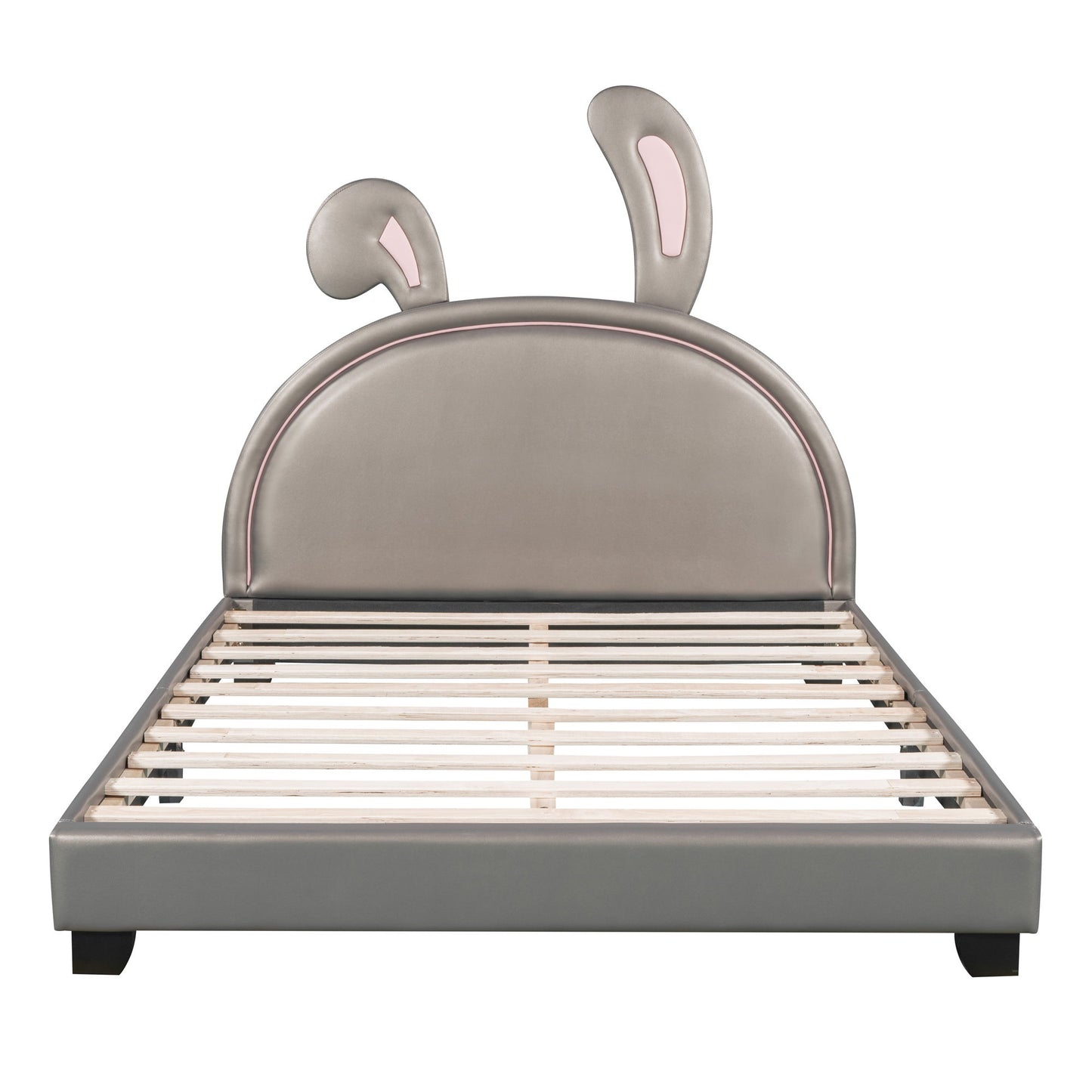 Full Size Upholstered Leather Platform Bed With Rabbit Ornament - Gray
