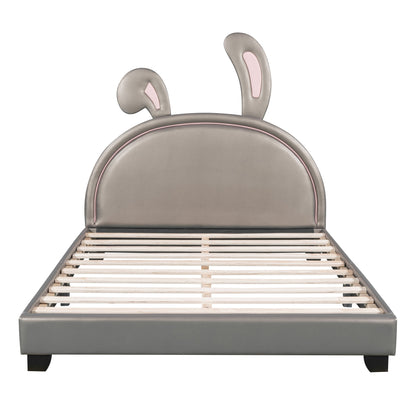 Full Size Upholstered Leather Platform Bed With Rabbit Ornament - Gray
