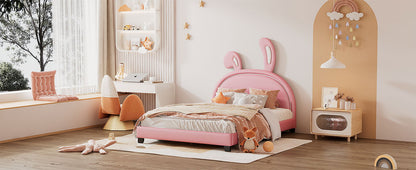 Full Size Upholstered Leather Platform Bed With Rabbit Ornament, Pink