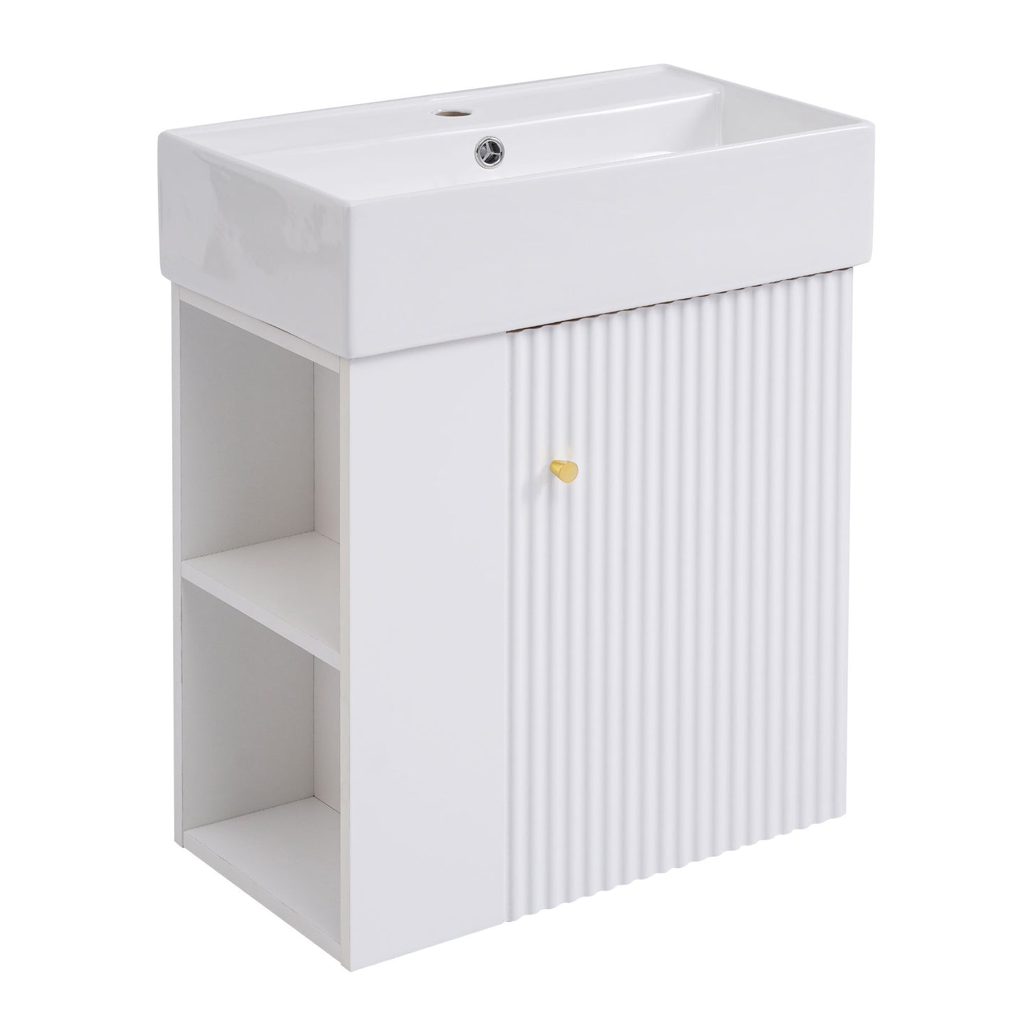 Modern Floating Bathroom Vanity With Ceramic Basin Perfect For Small Bathrooms, Left Side Storage - White
