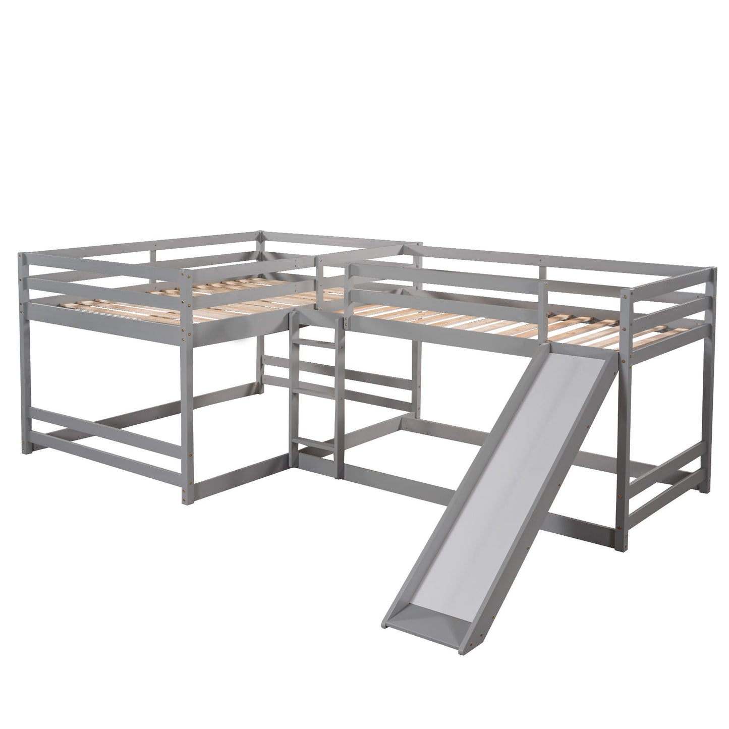 Full And Twin Size L-Shaped Bunk Bed With Slide And Short Ladder - Gray