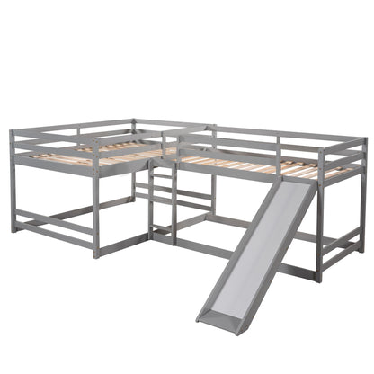 Full And Twin Size L-Shaped Bunk Bed With Slide And Short Ladder - Gray