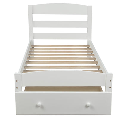 Twin Platform Bed Frame With Storage Drawer And Slat Support No Box Spring Needed - White