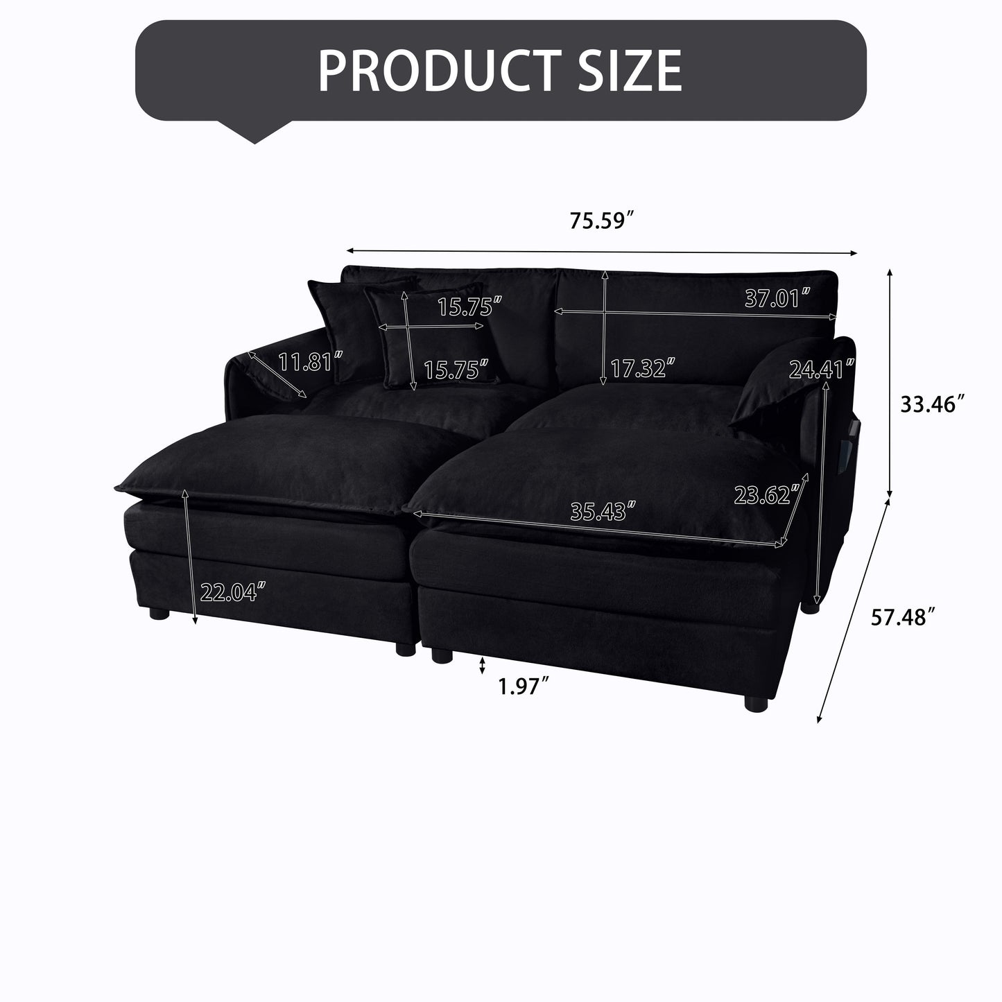 Deep Seat Sectional Cloud Sofa With 2 Ottomans & Soft Pillows, Modular Loveseat Couch - Black Chenille