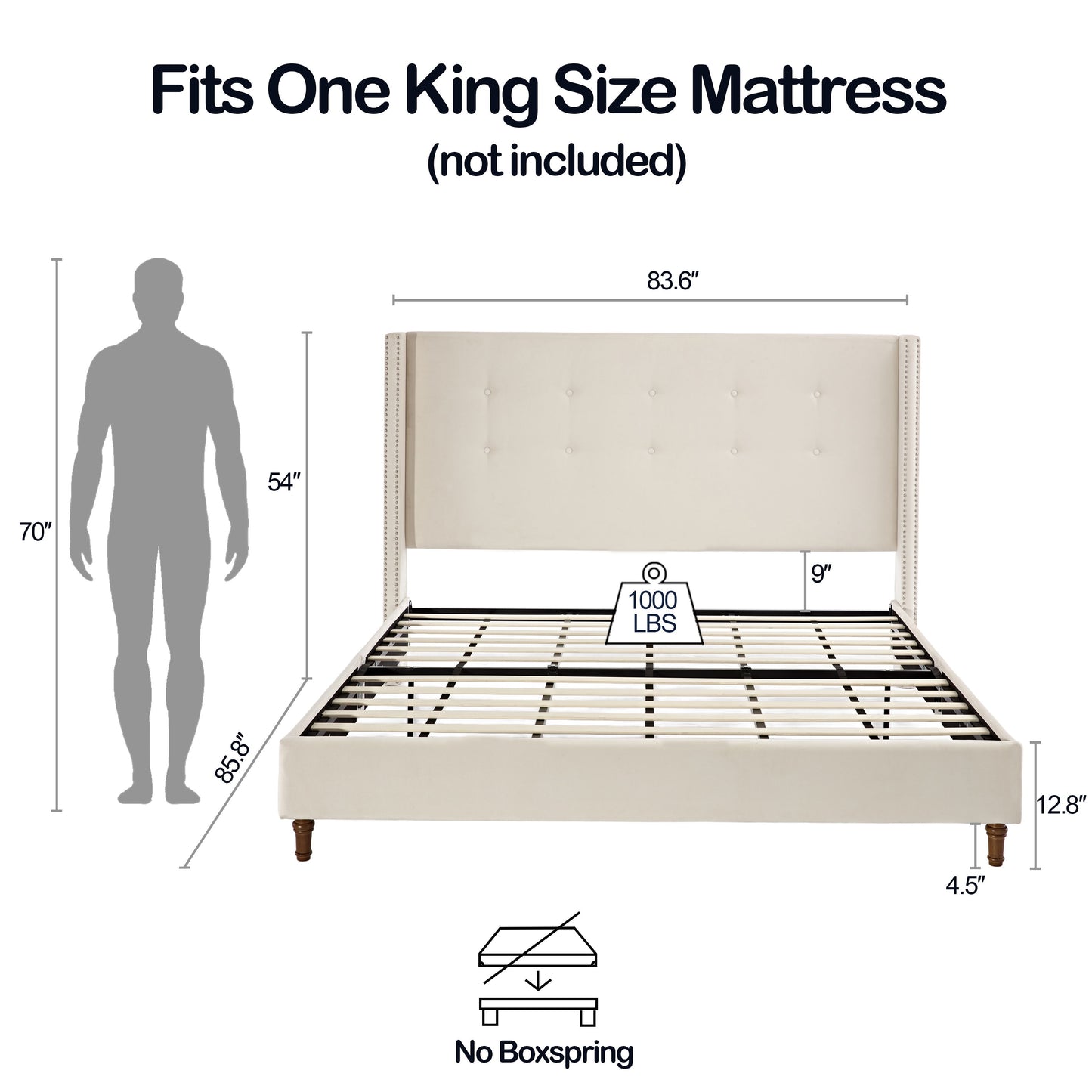 Peyton - King Bed Upholstered With High Headboard, Traditional Hand Buttoned Tufting - Ivory Velvet