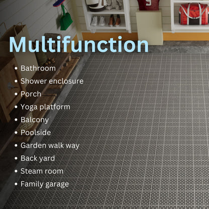 Interlocking Deck Tiles Plastic Waterproof Outdoor All Weather Anti-Slip Bathroom Shower Balcony Porch Strong Weight Capacity Upto 6613 Lbs, Rosette Pattern Pack Of 12 - Gray
