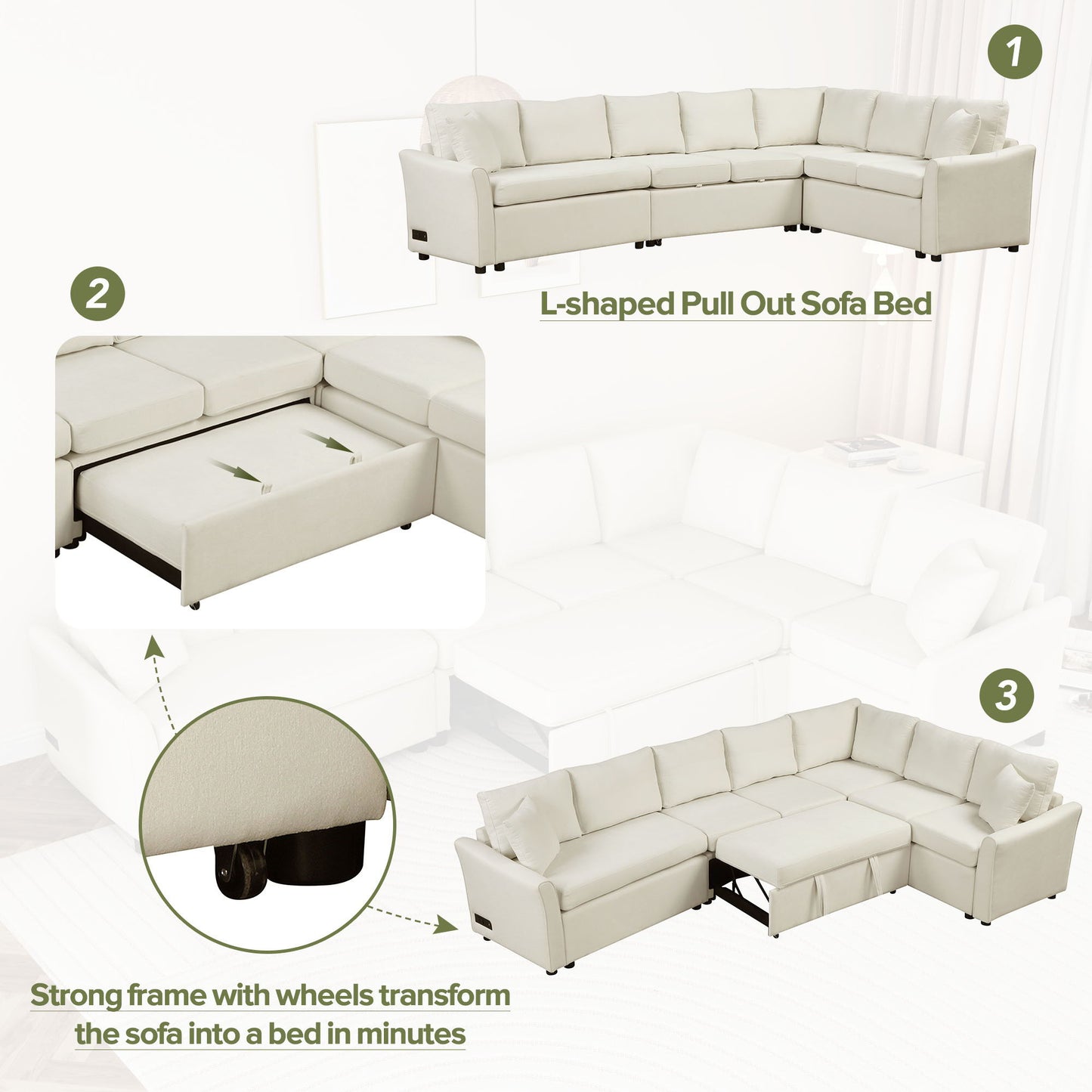 L-Shaped Sofa Convertible Sofa Bed Pull Out Sofa Sleeper With Two Back Pillows, Two USB Ports And Two Power Sockets For Living Room - Beige