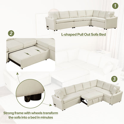 L-Shaped Sofa Convertible Sofa Bed Pull Out Sofa Sleeper With Two Back Pillows, Two USB Ports And Two Power Sockets For Living Room - Beige