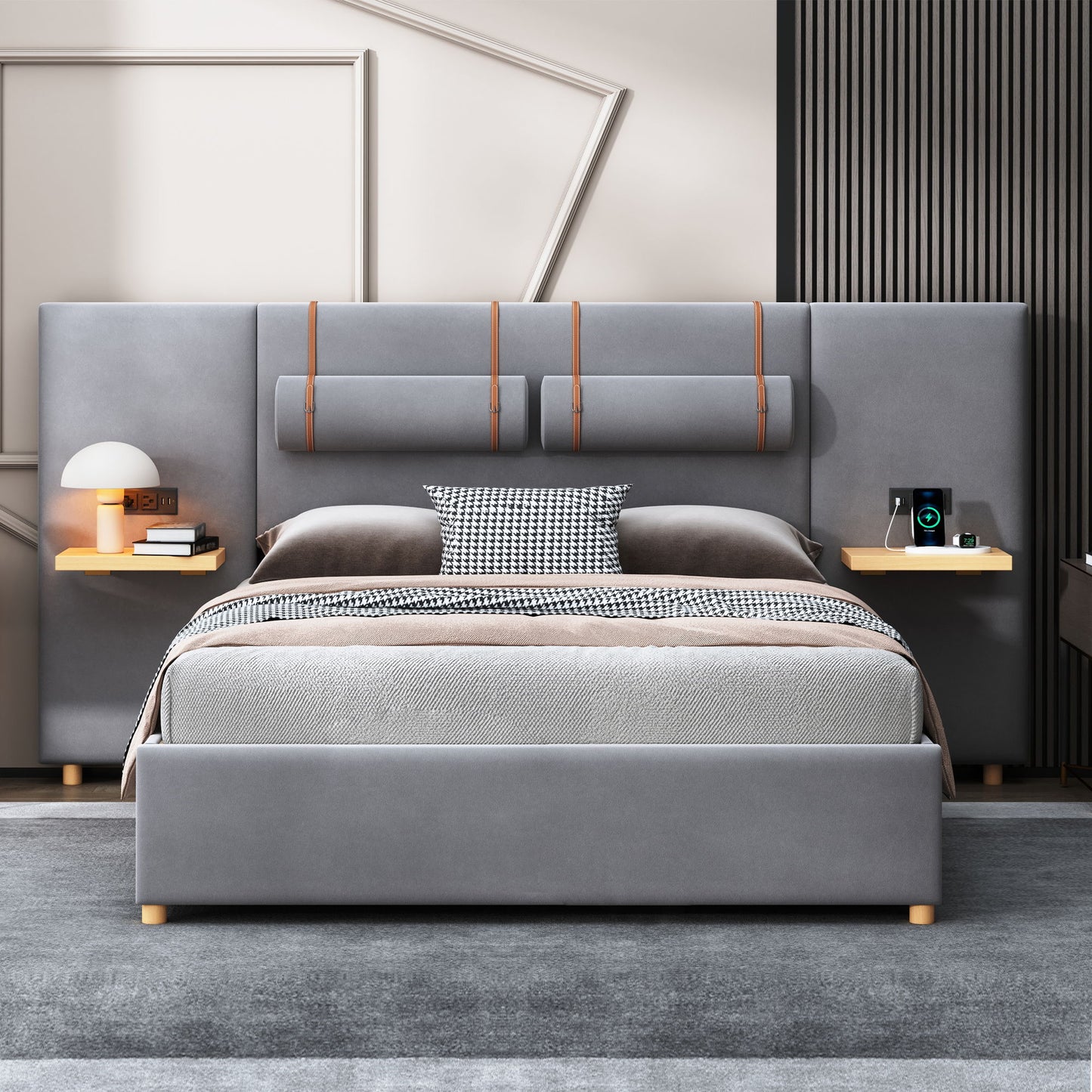 Queen Upholstered Platform Bed, 2 Outlets And USB Charging Ports On Both Sides, 2 Bedside Pillows, Storage Shelves - Gray
