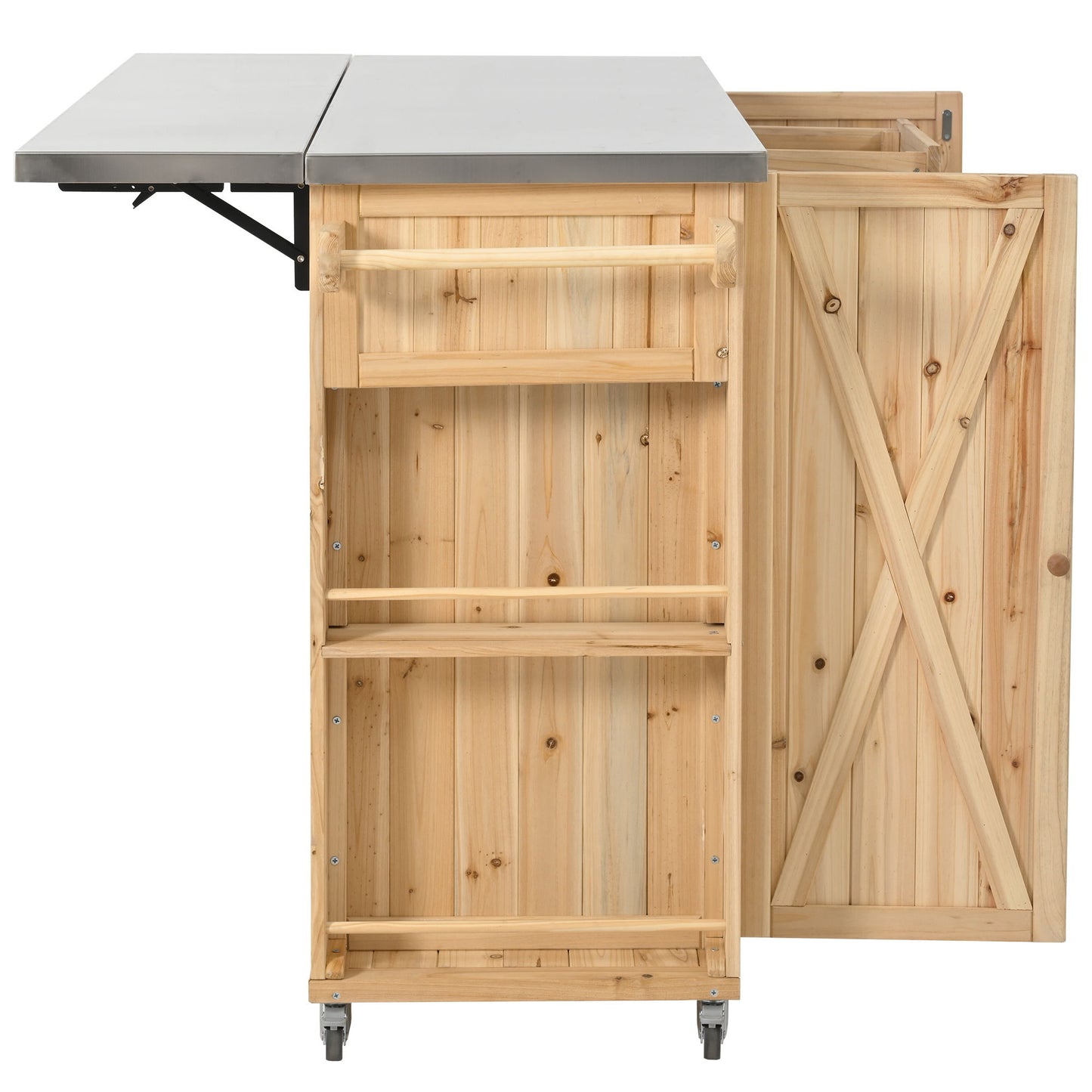 Outdoor Kitchen Island Fir Wood Kitchen Island With Stainless Steel Top, Ample Storage Space, Towel And Spice Racks And A Bottle Opener For Outdoor - Natural