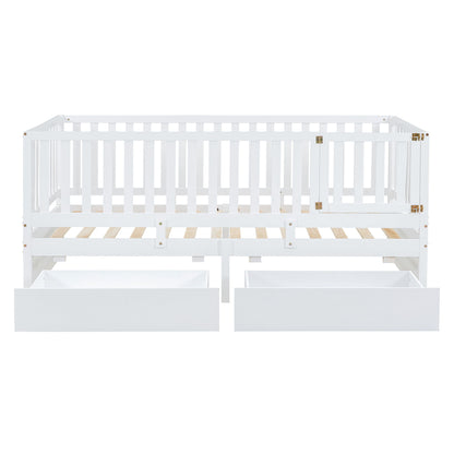 Twin Size Daybed With Fence Guardrails And 2 Drawers, Split Into Independent Floor Bed & Daybed - White