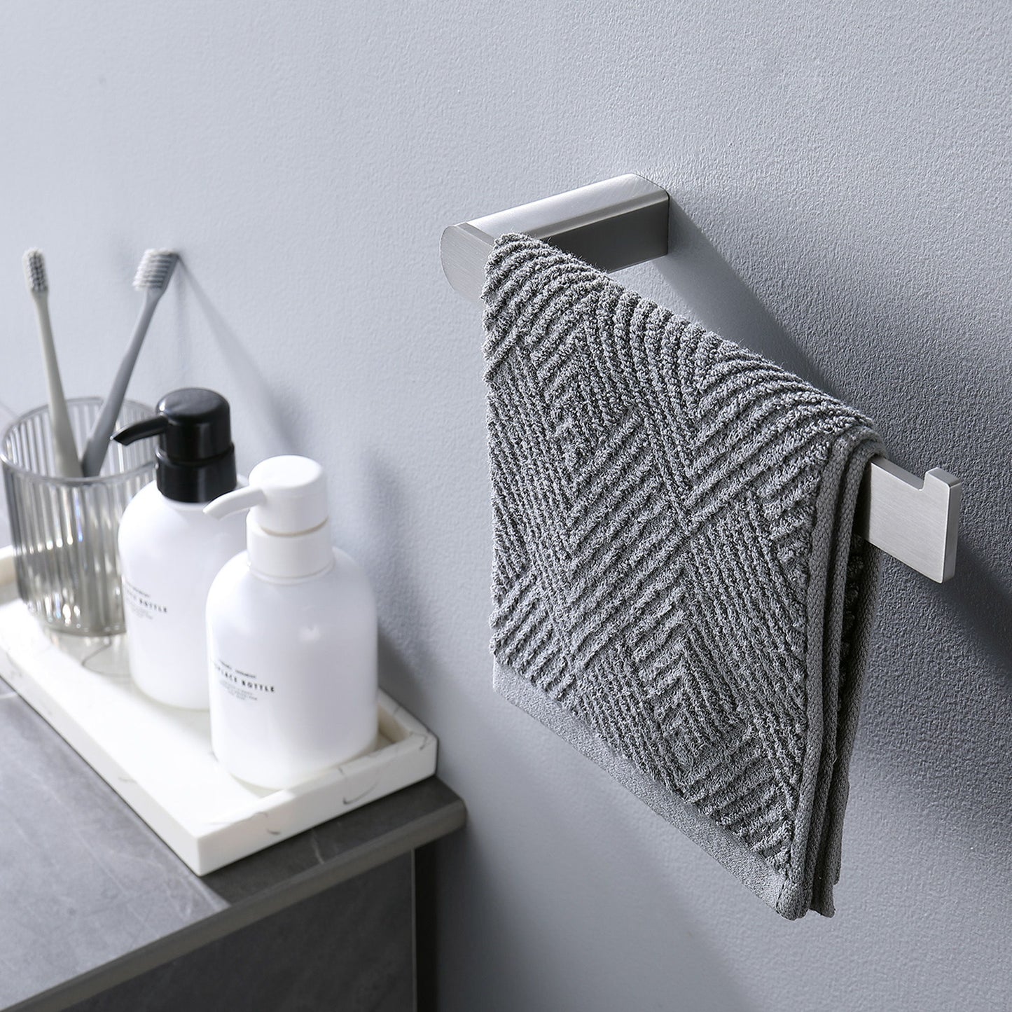 Modern Wall Mounted Bathroom Hardware Set With Robe Hook, Towel Rail, And Tissue Paper Holder - Brushed Nickel
