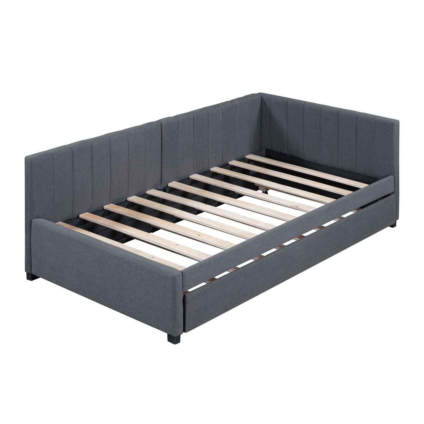 Upholstered Daybed With Trundle Twin Size Sofa Bed Frame No Box Spring Needed, Linen - Gray