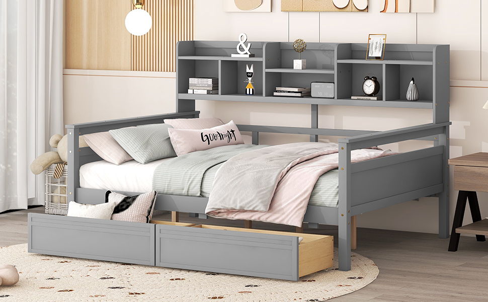 Full Size Daybed, Slat Support, With Bedside Shelf And 2 Drawers - Gray