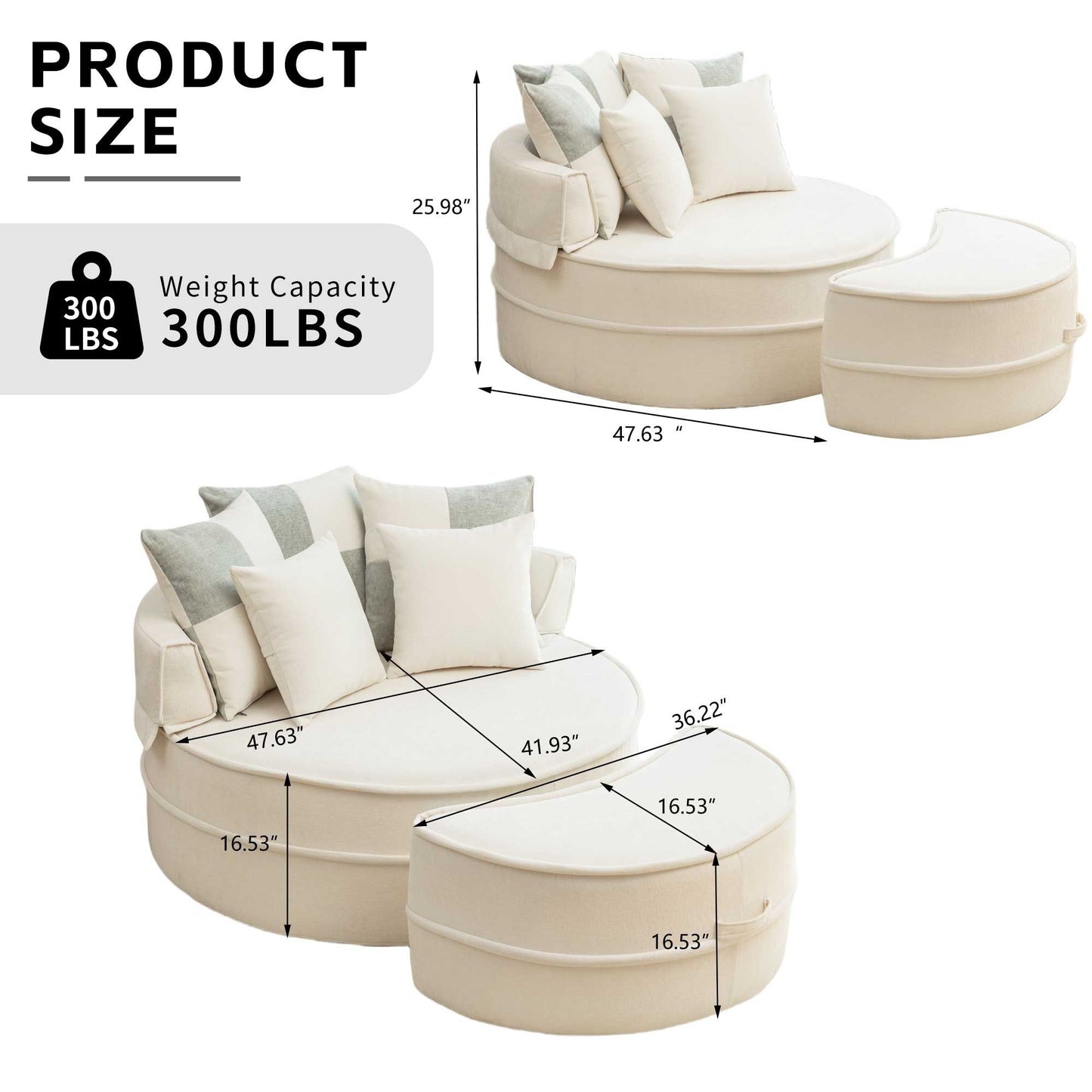 Modern Oversized Round Barrel Accent Chair With Ottoman Velvet Upholstered Lounge Armchair With 5 Pillows For Living Room Or Bedroom - Beige