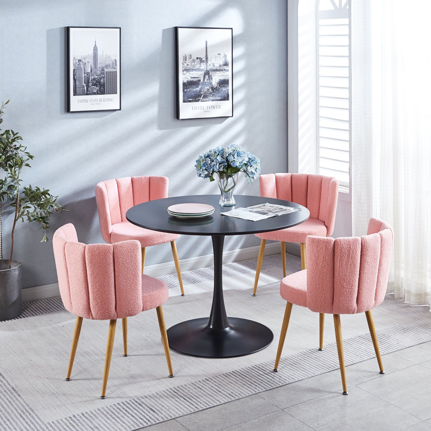 Modern Dining Chair (Set of 2) With Iron Tube Wood Color Legs, Shorthair Cushions And Comfortable Backrest, Suitable For Dining Room, Living Room, Cafe, Simple Structure - Light Pink