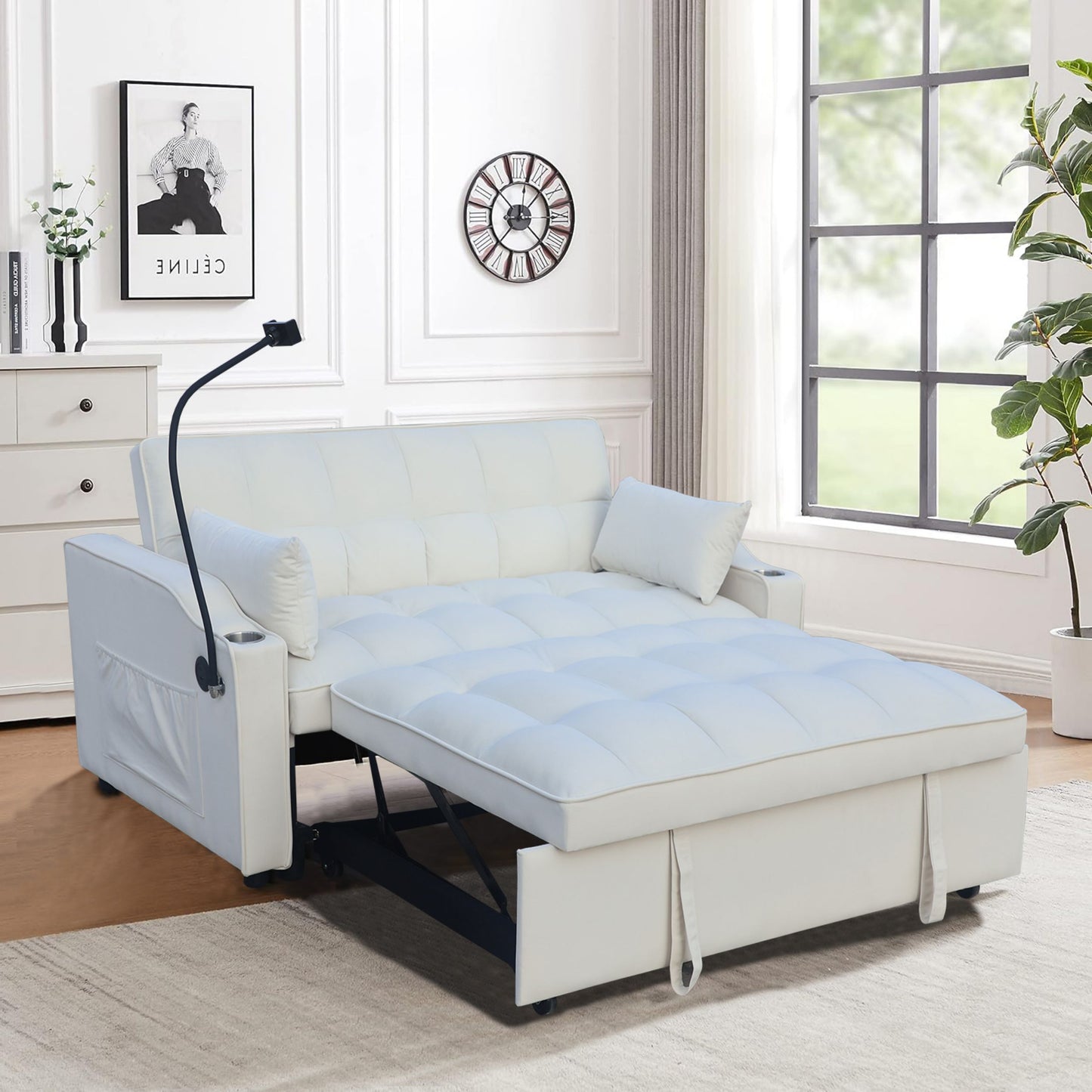 Modern Velvet Loveseat Futon Sofa Couch With Pullout Bed, Adjustable Reclining Backrest - Beige