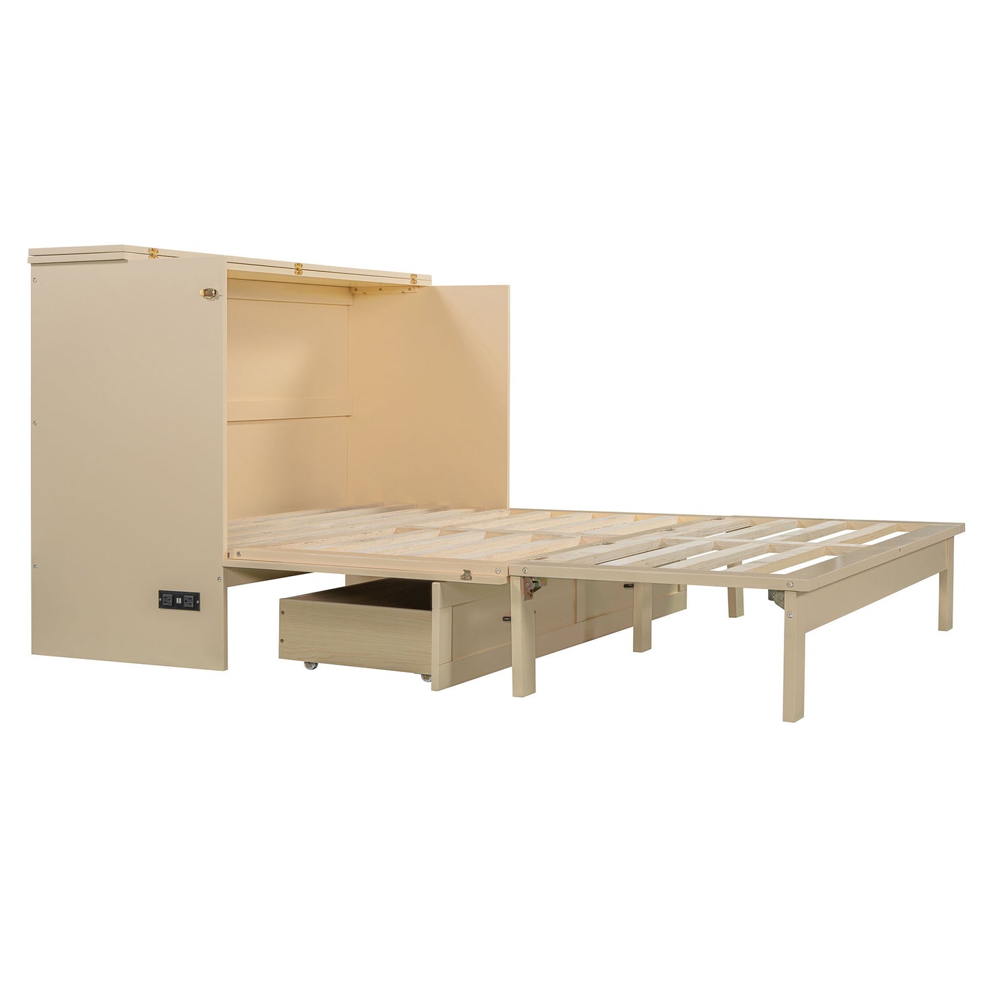 Queen Size Murphy Bed With Large Drawers, Gold