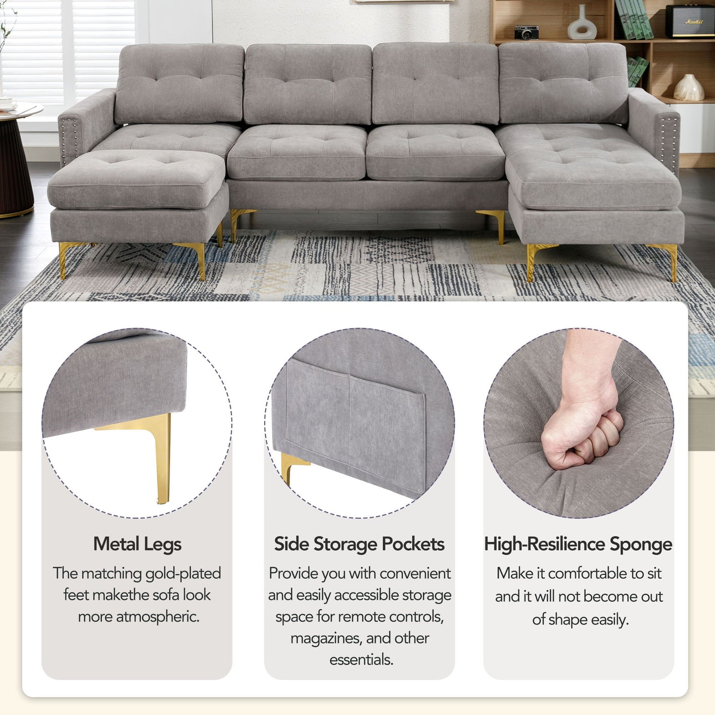 Convertible Sectional Sofa Couch With Movable Ottoman - Light Gray