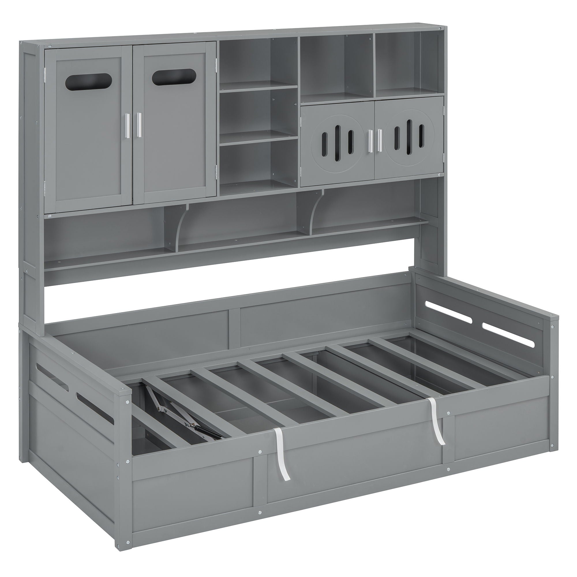 Twin Size Wooden Daybed With Hydraulic Bed And All In One Cabinet And Shelf - Gray