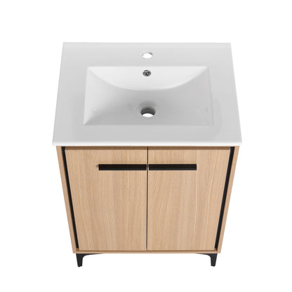 Modern 24" Bathroom Vanity Base With Basin And Storage Cabinet - Oak