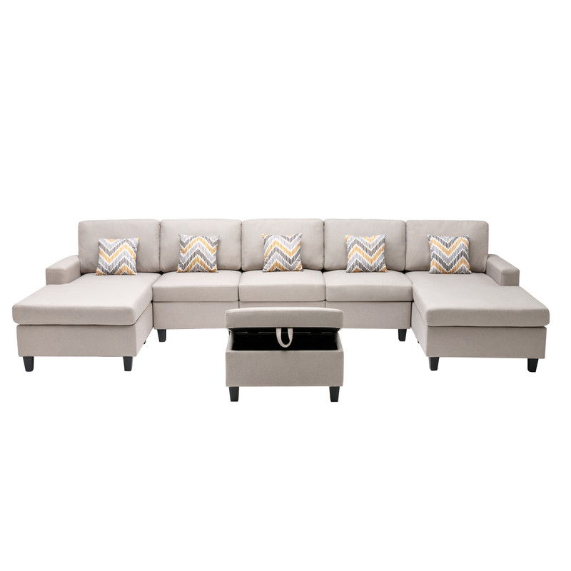 Nolan - Linen Fabric 6 Piece Double Chaise Sectional Sofa With Interchangeable Legs, Storage Ottoman, And Pillows - Beige