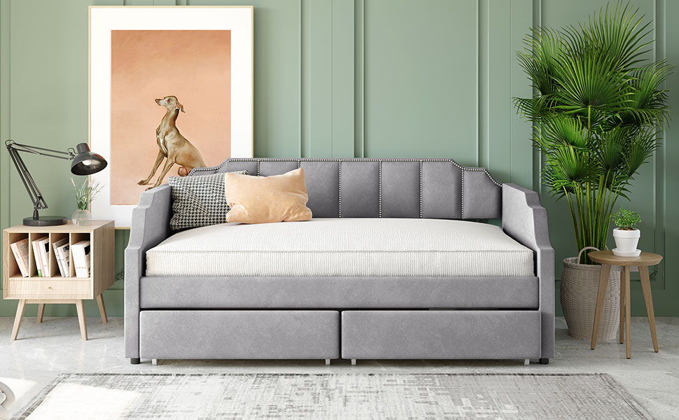 Twin Size Upholstered Classic Daybed With Drawers, Slat Support - Gray