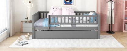 Full Size Daybed With Trundle And Fence Guardrails - Gray