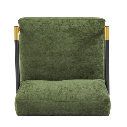 Modern Accent Chair With Plush Cushions, Minimalist Metal Frame, & Wooden Armrest Design - Gold / Green