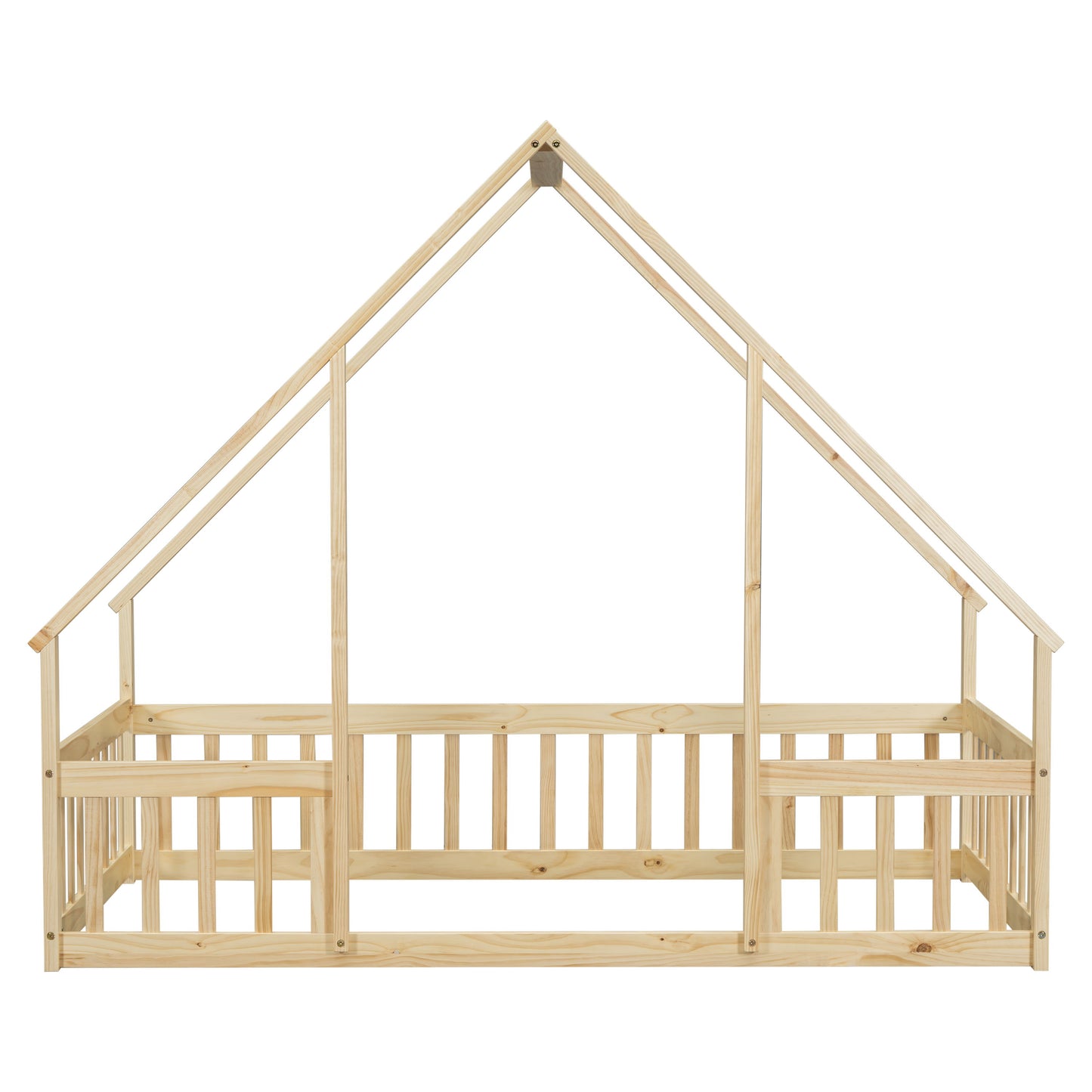 Twin Wood House-Shaped Floor Bed With Fence, Guardrails - Natural