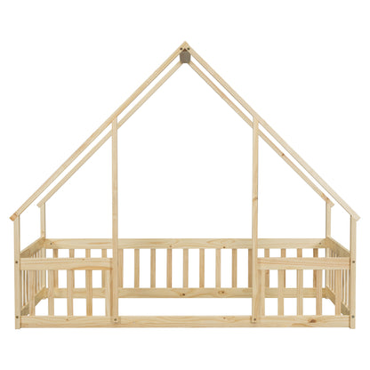 Twin Wood House-Shaped Floor Bed With Fence, Guardrails - Natural