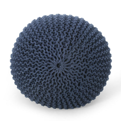 Bordeaux - Knitted Cotton Round Pouf Ottoman And Floor Cushion - Navy Blue