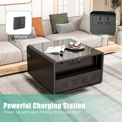 Modern Smart Side Table With Built-In Fridge, Wireless Charging, Temperature Control, Power Socket, USB Ports, Outlet Protection, Induction Light - Black